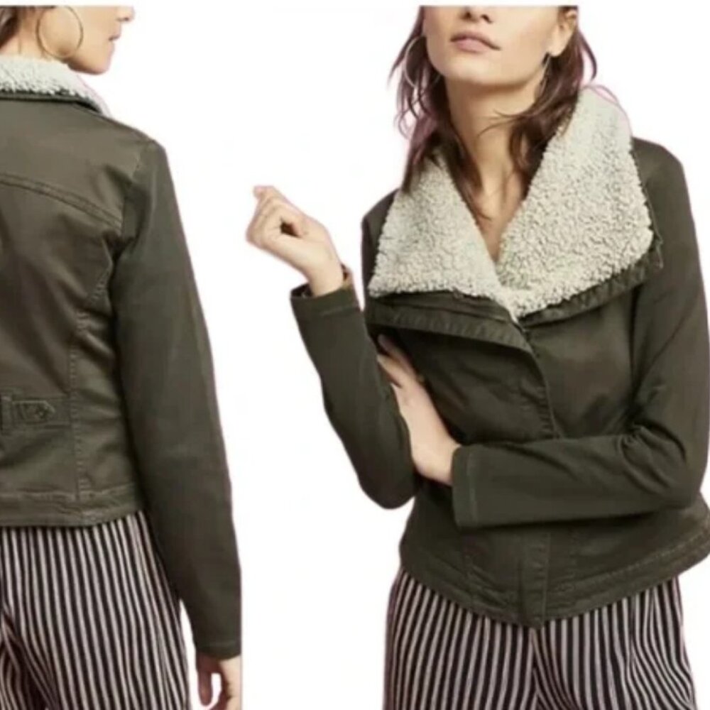 Anthropologie Olive Utility Jacket with Cream Sherpa Lining